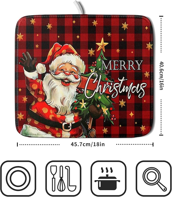 Merry Christmas Santa Claus Red Buffalo Plaid Dish Drying Mat - Image 2
