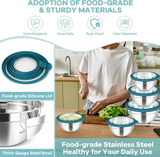 TeamFar Mixing Bowls Set, 4.5/3/1.5/1/0.7 QT Stainless Steel Nesting Salad Bowls - Image 6