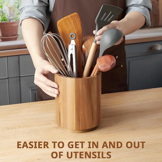 Bivvclaz Acacia Wood Utensil Holder, 360°Rotating 7.2" Utensil Holder - Image 5
