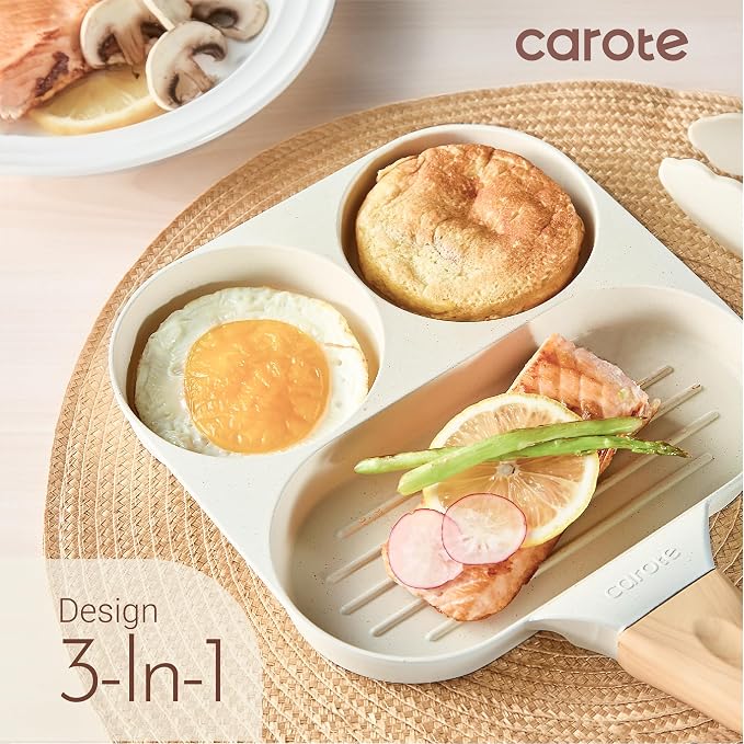 CAROTE Egg Pan Omelette Pan, 3-In-1 Divided Nonstick Grill Pan, Pancake Pan and - Image 3