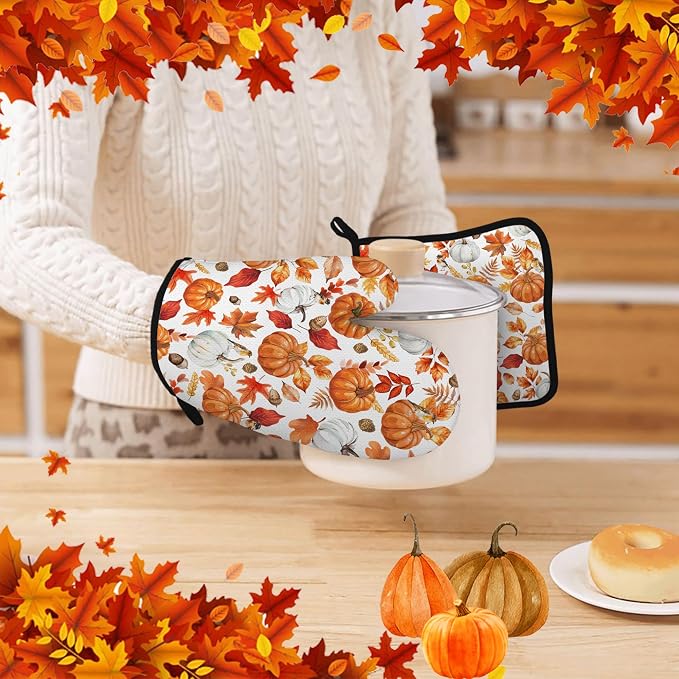 Thanksgiving Pumpkin Oven Mitts and Pot Holders, Fall Oven Mitts Sets of 3 - Image 7