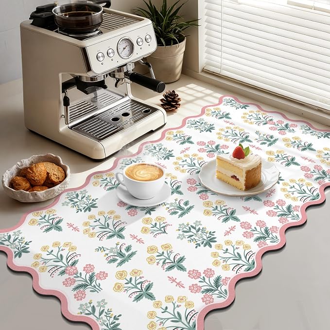 LOKHOM Scalloped Floral Dish Drying Mat, Cuttable Hide Stain Non-slip Drying Mat - Image 4