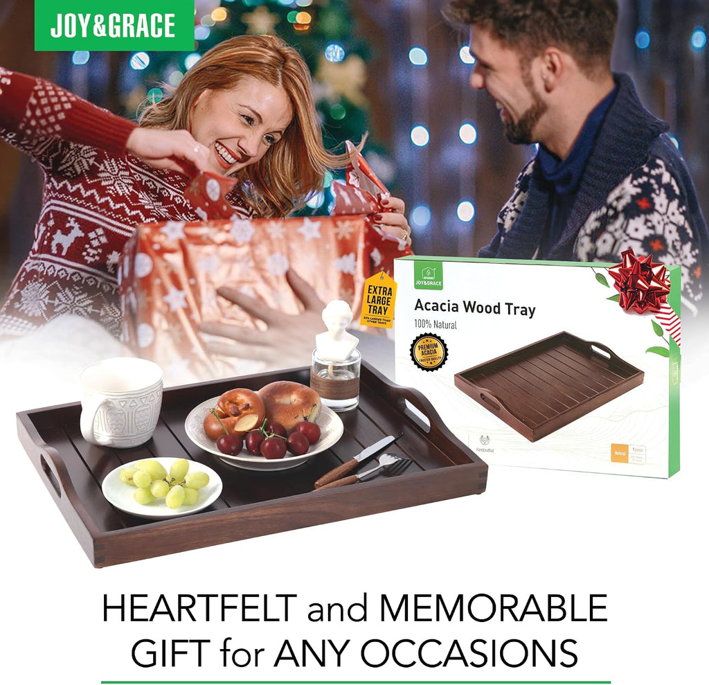 Joy&Grace Large Acacia Wooden Serving Tray with Handles 20 x 14 inch