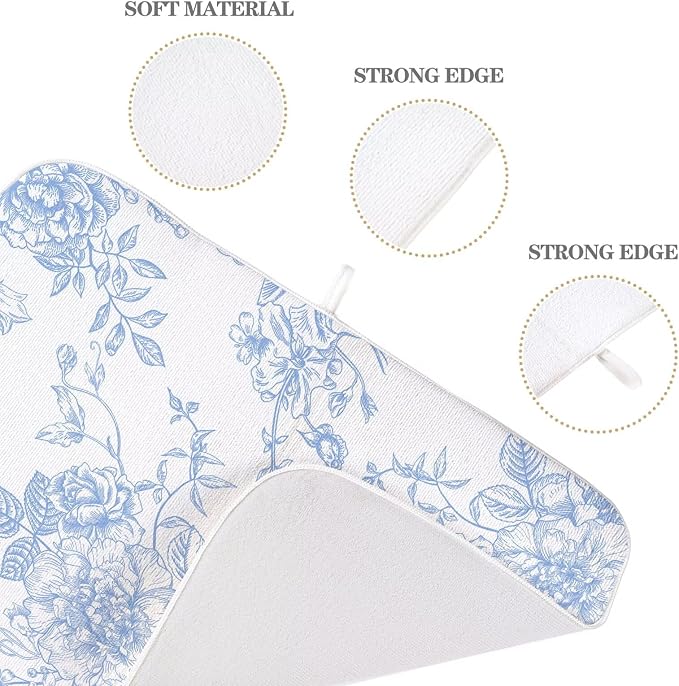 Baby Blue Chinoiserie Floral Dish Drying Mat 18 x 24 inch Vintage Flower - Image 3