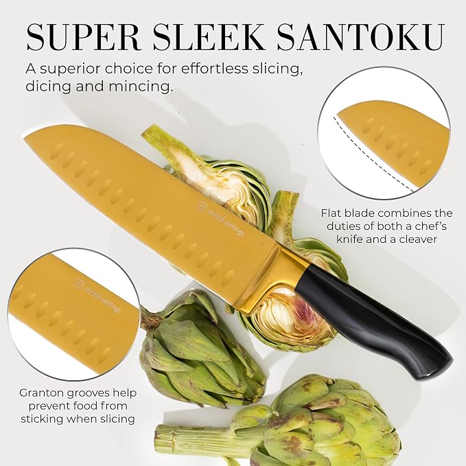 Black and Gold Knife Set with Block and Sharpener – 14-Piece Full Tang Golden - Image 9