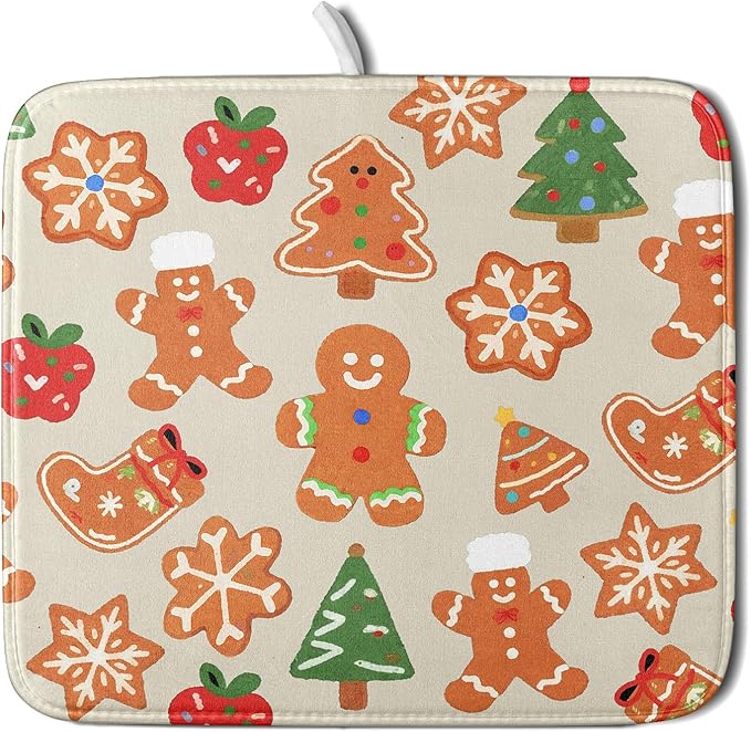 Christmas Dish Drying Mat for Kitchen Counter 16x18 Cute Gingerbread Themed by Aytipun