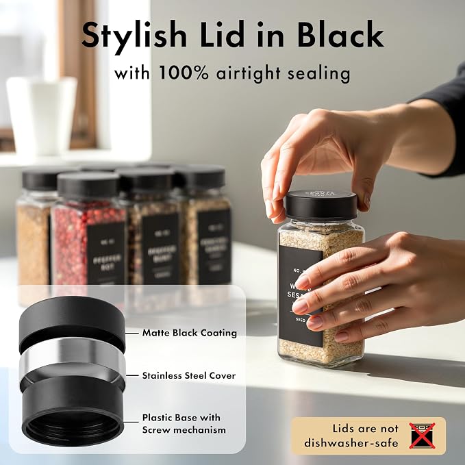 EDELHAUS Glass Spice Jars with Label and Black Lids Spice Containers with 240 - Image 6