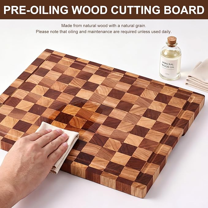 Checkered Cutting Board with Stand, Dual-Sided Wood Cutting Board with Juice - Image 6