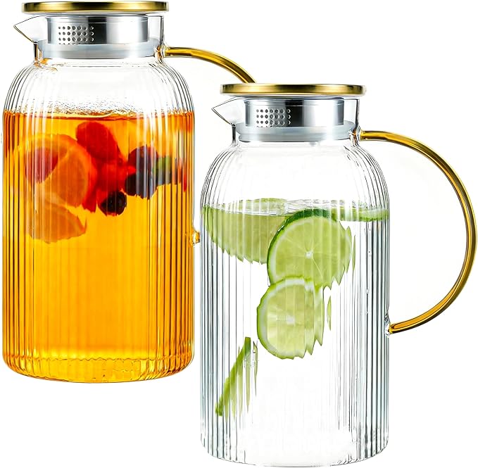 2 PACK Glass Pitcher with Lid, 68oz/2Liter Borosilicate Glass Water Pitcher by Unknown