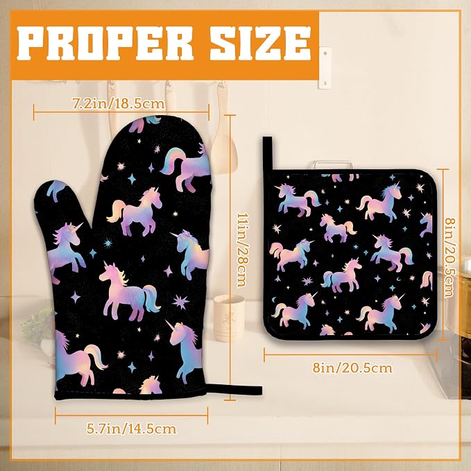 Cute Unicorn Pattern Oven Mitts and Pot Holders Set - Image 2
