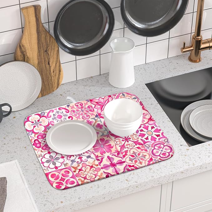 Pink Mexican Tiles Dish Drying Mat Absorbent Microfiber Dish Drying Pad - Image 6