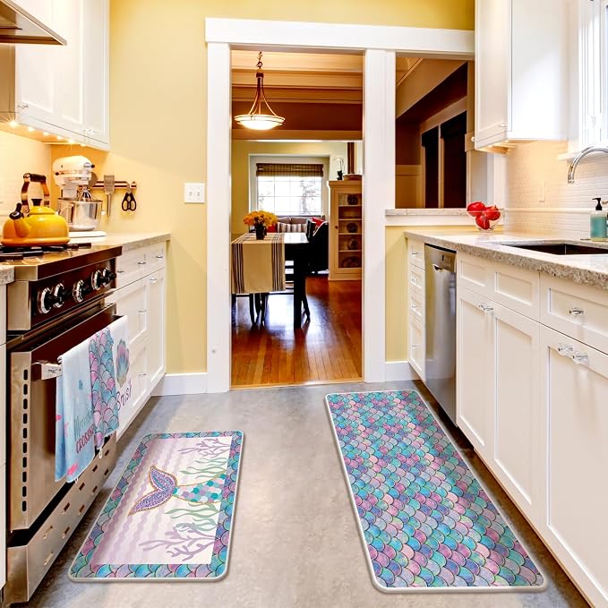 Fourluoo 10 Pcs Mermaid Kitchen Dish Towels Rugs Oven Mitts and Pot Holders Set - Image 7