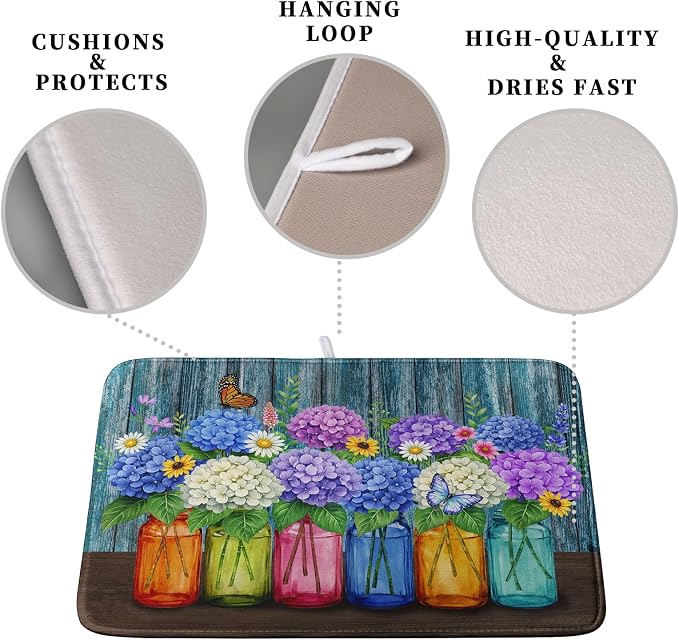 Hydrangea Dish Drying Mat Spring Summer Floral Jars Kitchen Drying Mats - Image 3