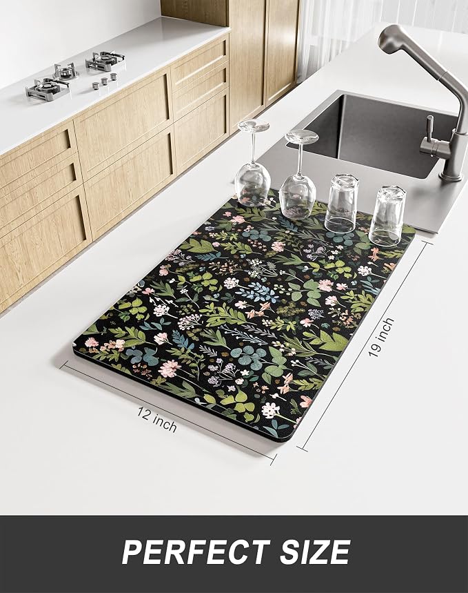 Rnivvi Dish Drying Mat for Kitchen Counter, 12 x 19" Cute Flower Theme Super - Image 2