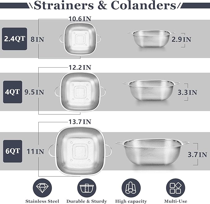 E-far 3 Pack Colander for Kitchen, Square Stainless Steel Metal Strainer - Image 2