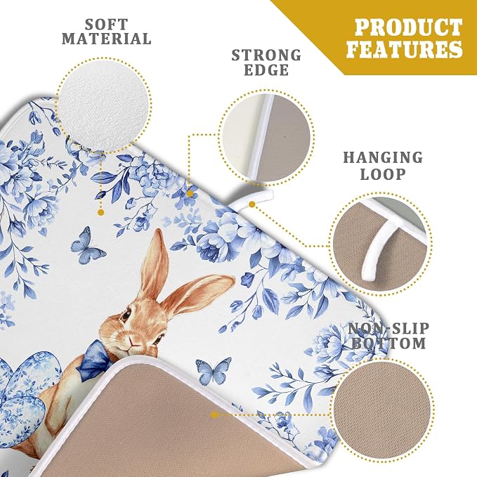 Vintage Microfiber Dish Drying Mat Blue Easter Floral Kitchen Drying Mats - Image 4