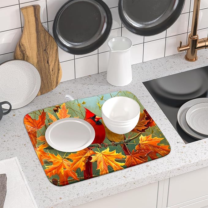 Giwawa Fall Birds Dish Drying Mat 16x18 Inch Autumn Maple Leaf Tree Dish - Image 6