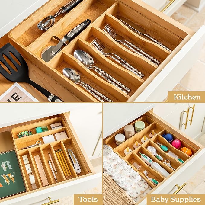 SMIRLY Silverware Drawer Organizer – Bamboo Kitchen Drawer Organizer, - Image 9