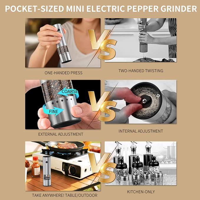 Mini Electric Salt and Pepper Grinder Stainless steel, USB Rechargeable - Image 6