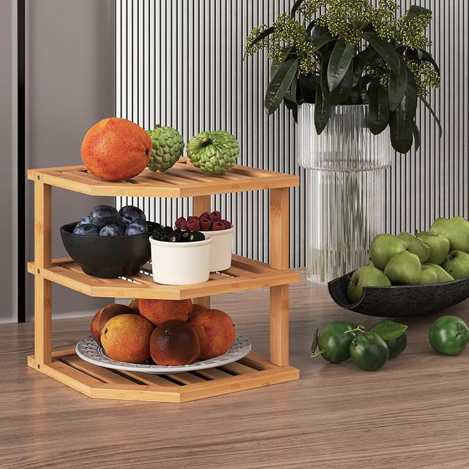 VERTORGAN 3 Tier Bamboo Corner Shelf, Dish Drying Rack, Plate Organizer - Image 2