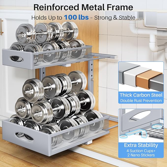 Under Sink Organizer, 2 Pack 2 Tier Pull Out Under Cabinet Organizer Shelf - Image 7