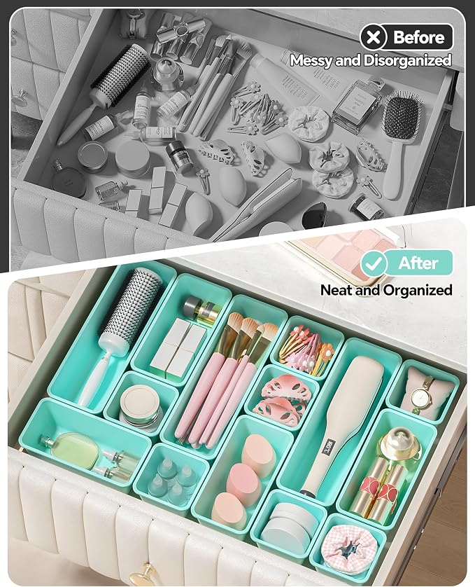 Canfanni 13 Pack Plastic Drawer Organizers Set, 3 Sizes Desk Drawer Organizer - Image 4