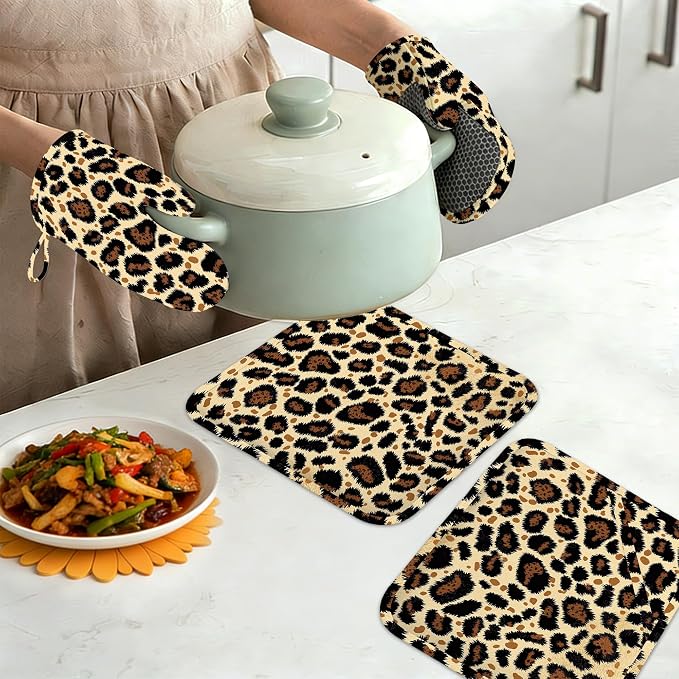 Leopard Print Oven Mitts and Pot Holders Sets of 4, Heat Resistant Silicone - Image 7