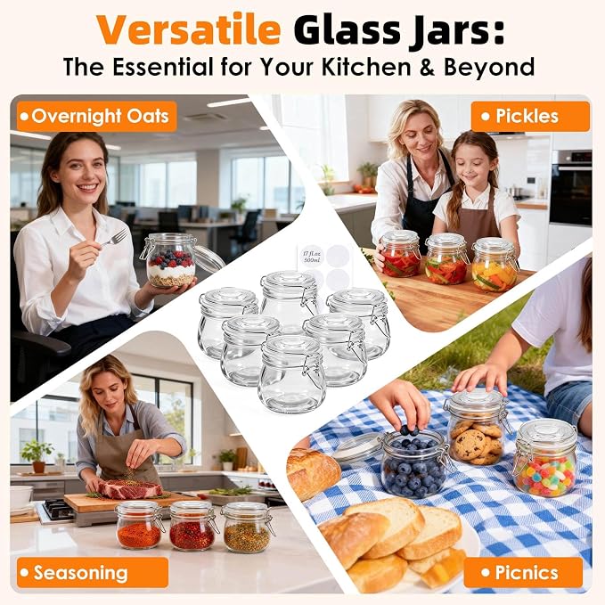 SKOCHE 17oz Glass Jars with Airtight Lids 6 Pack, Air Tight Glass Storage Jar - Image 6