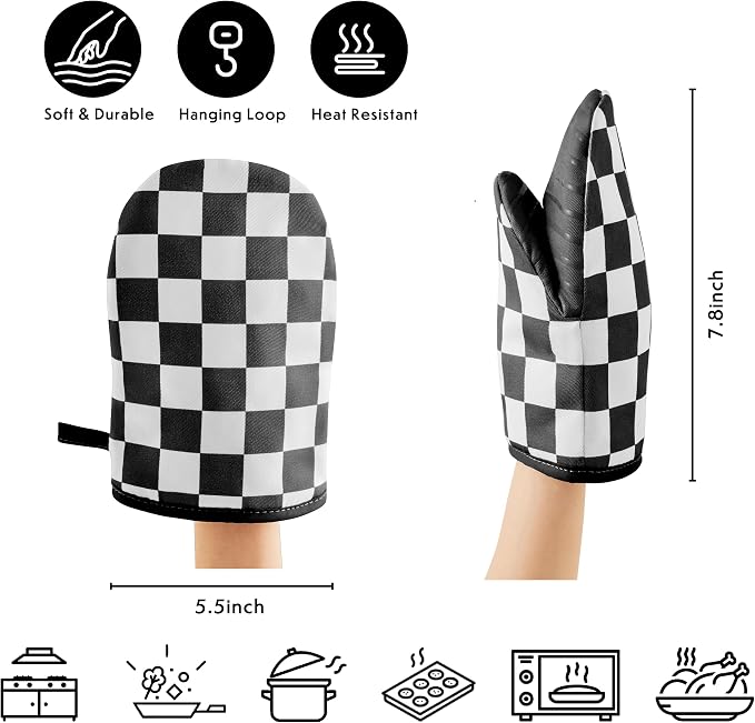 Ohocut Checkered Mini Oven Mitts Heat Resistant, Vintage Retro Black and White - Image 5