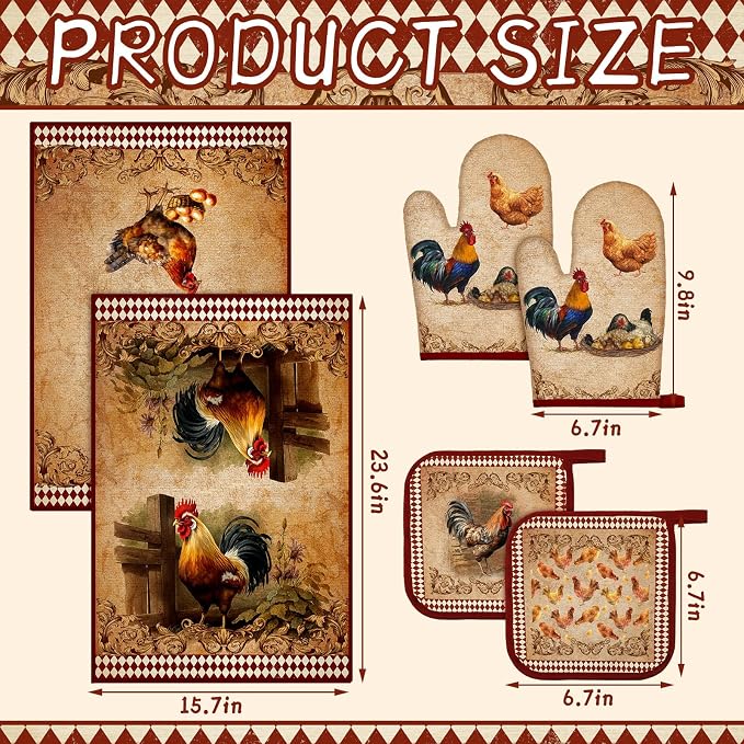 Leinuosen 6 Farm Rooster Farmhouse Kitchen Decor Dish Towels Oven Mitts and Pot - Image 3