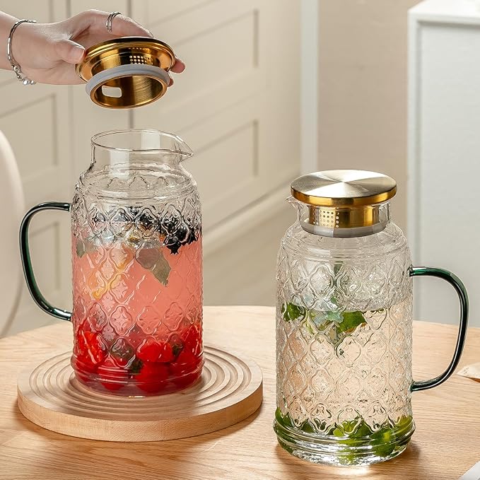 Buaic Glass Pitcher with Lid, 2 PACK 68 oz/2 Liter Vintage Water Pitcher - Image 6