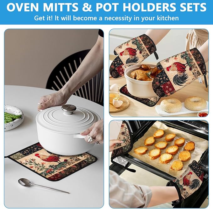 Rustic Rooster Oven Mitts and Pot Holders Sets Heat Resistant 4Pcs Potholders - Image 6