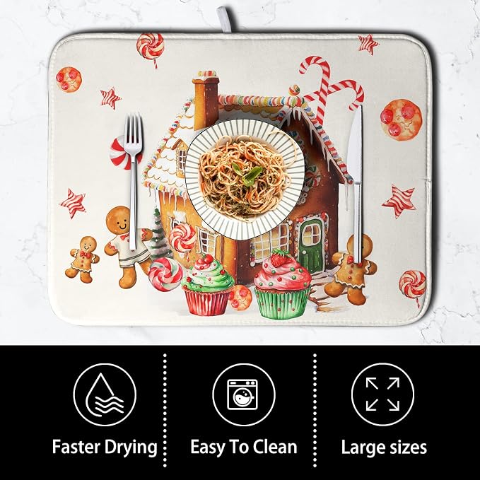 Christmas Dish Drying Mat for Kitchen Counter 16x18 Gingerbread House Man Candy - Image 4