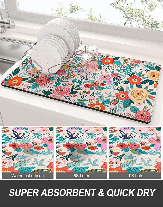 Rnivvi Dish Drying Mat for Kitchen Counter, XL 15 x 24" Cute Flower Super - Image 3