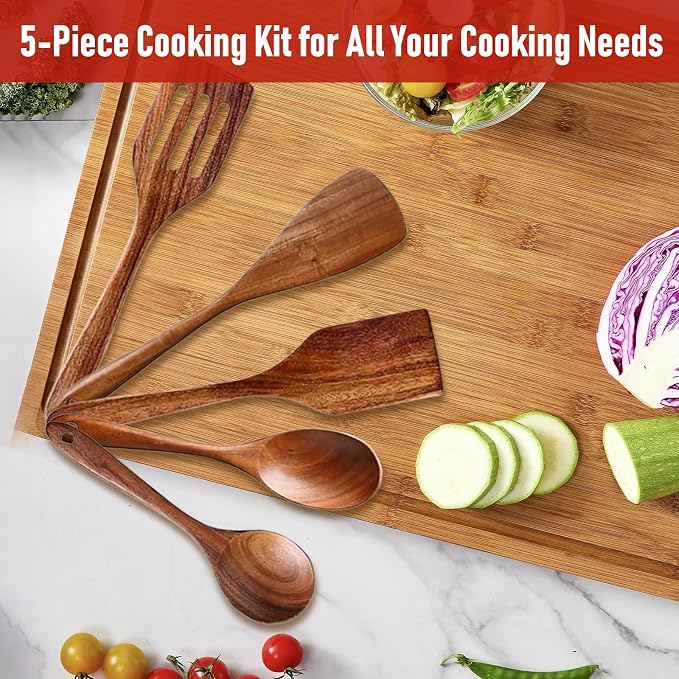 5 PCS Wooden Cooking Utensils Set, Kitchen Utensils Set, Wooden Spoons - Image 3