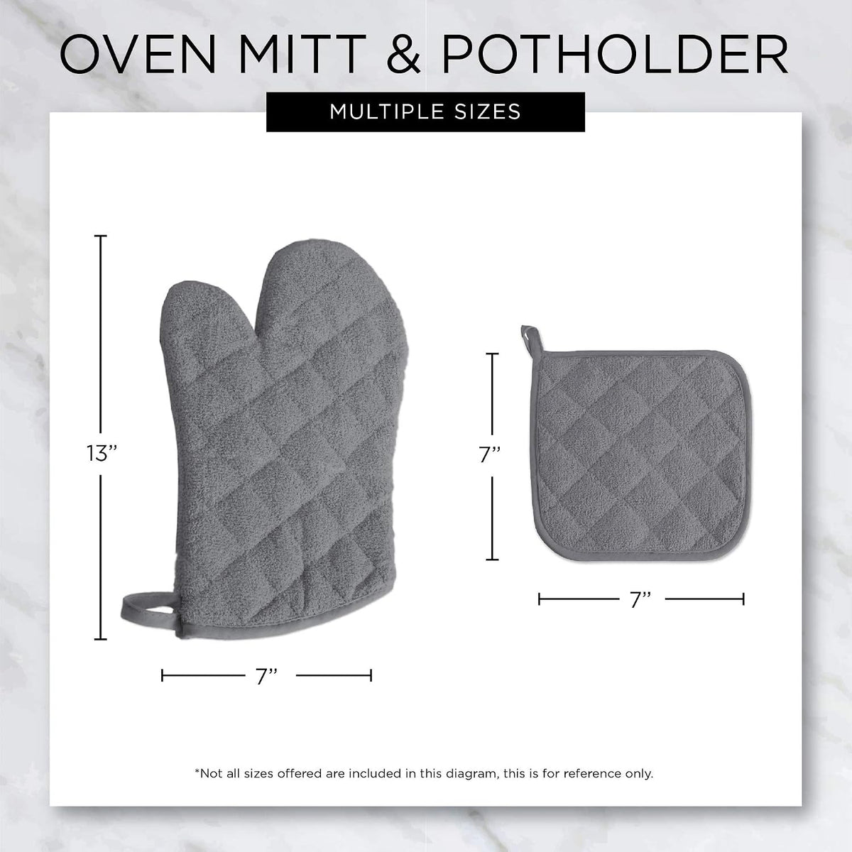 DII Terry Oven Mitts Set of 2, 7x13 Quilted Cotton Oven Gloves, Black