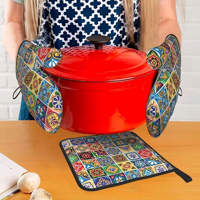 Mexican Talavera Tile Oven Mitts and Pot Holders Sets of 3, Heat Resistant - Image 3