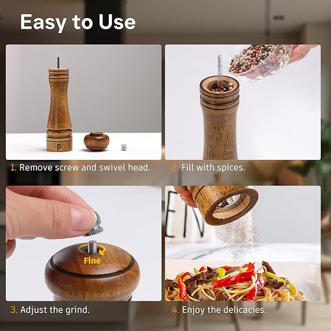 Wooden Salt and Pepper Grinder Set, Premium Oak Wood Salt Grinders Shakers - Image 5