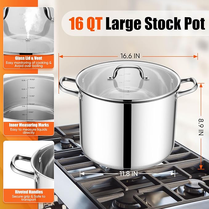 E-far 16 Quart Stainless Steel Stock Pot, Large Heavy Duty Induction Stockpot - Image 2
