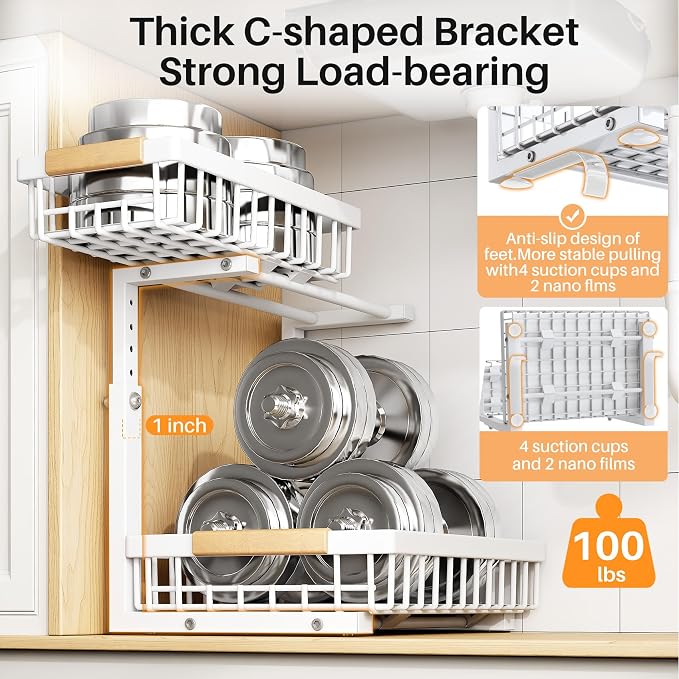 PXRACK Under Sink Organizer, Adjustable Height, 2 Tier Pull Out Under Cabinet - Image 6