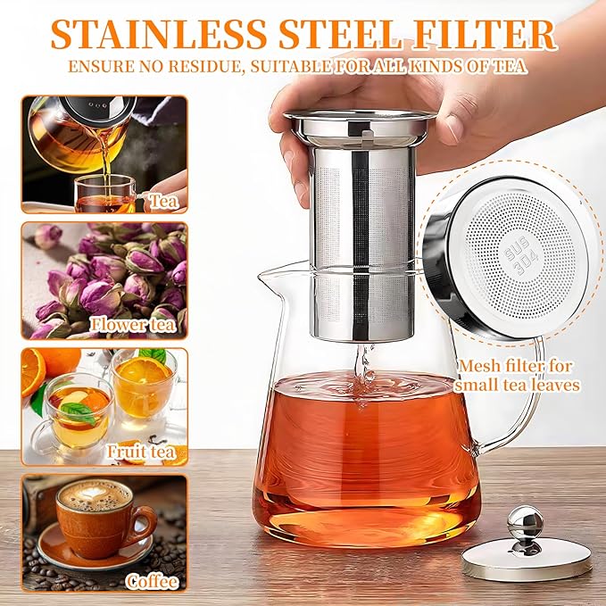 Glass Teapot with Stainless Steel Infuser, Borosilicate Tea Kettle - Image 2