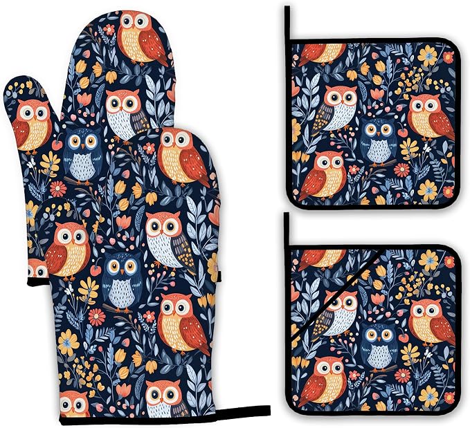 Colorful Cute Owl Oven Mitts and Pot Holders, Heat Resistant Oven Mitts Gloves by Unknown