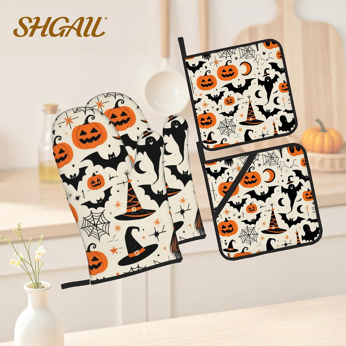 Halloween Pumpkin Bat Pattern Oven Gloves and Hot Pads Set - Heatproof