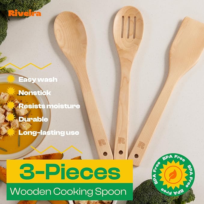 Riveira Maple Wooden Spoons for Cooking Set of 3 – Natural Maple Wooden Cooking - Image 3
