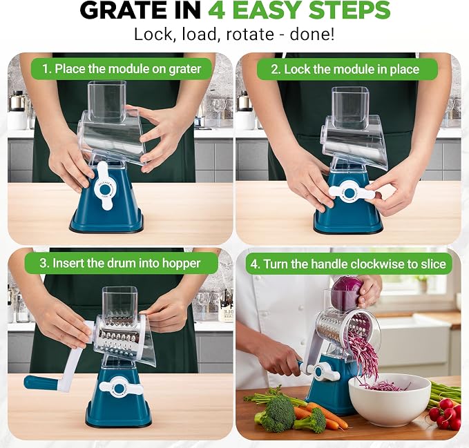 NutriChef 3 in 1 Cheese Grater & Shredder | Strong Suction Base, Rotary Handle - Image 2