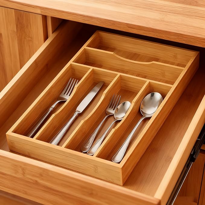 Bamboo Silverware Organizer, Bamboo Kitchen Drawer Cutlery Organizer, Utensil - Image 3