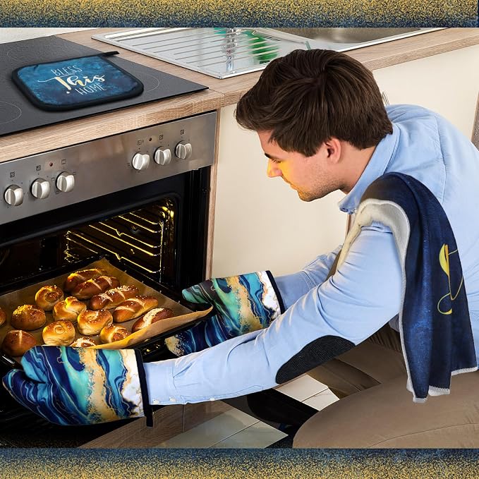 Bencailor 6 Pcs Marble Kitchen Decor Gold Pot Holders Oven Mitts 2 Dish Towels - Image 2