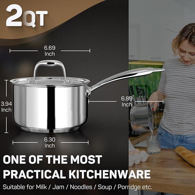 Ciwete 2 Quart Sauce Pan with Lid, Tri Ply Stainless Steel Saucepan 2 Qt with - Image 3