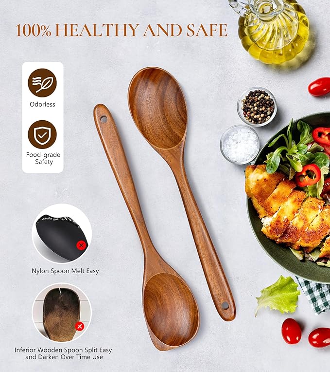 2Pcs Wooden Spoons for Cooking, Natural Premium Teak Wood Spoon & Corner Spoon - Image 5