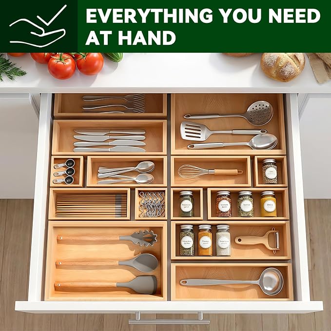 Bamboo Drawer Organizer 14 Pcs for Kitchen Multi-purpose Storage Dividers for - Image 6